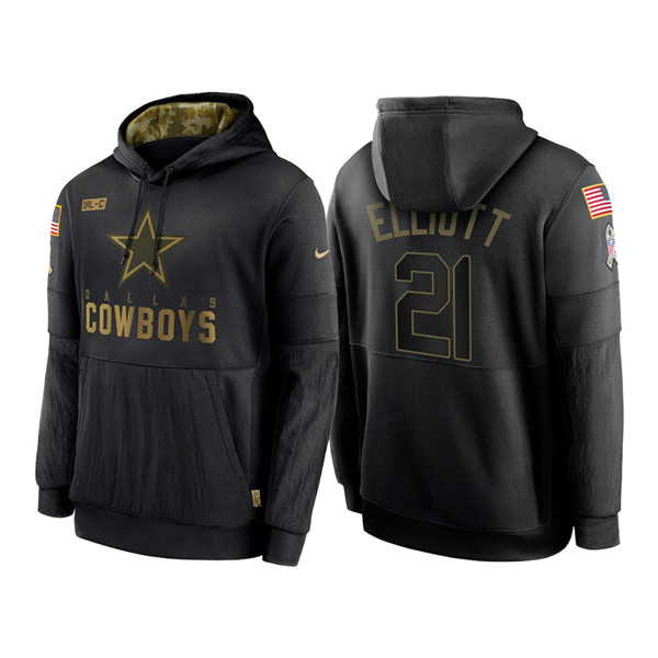 Men's Dallas Cowboys #21 Ezekiel Elliott 2020 Black Salute to Service Sideline Performance Pullover Hoodie